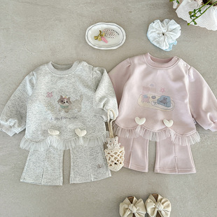 女童春季新款卫衣套装女宝卡通花边上衣长裤婴幼儿分体两件套 a类