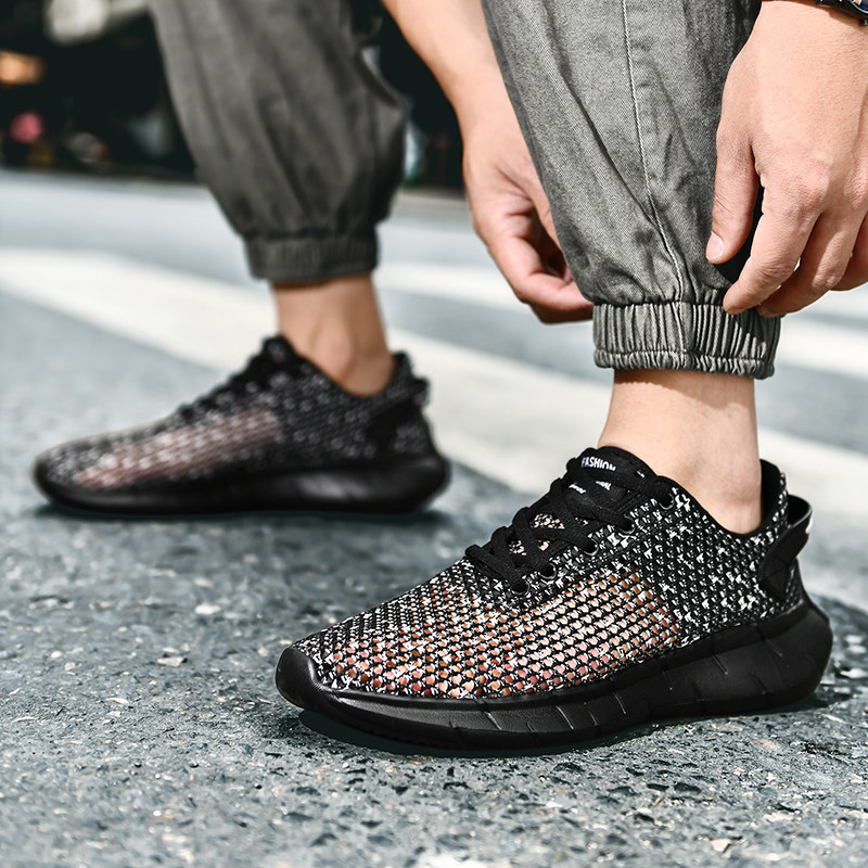 夏天网面镂空透明运动鞋男通风透气防臭散热旅游鞋超轻软底跑步鞋