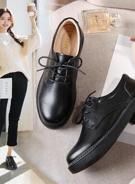 真皮黑色小皮鞋女春季高中初中学生透气演出校服软底防滑休闲皮鞋