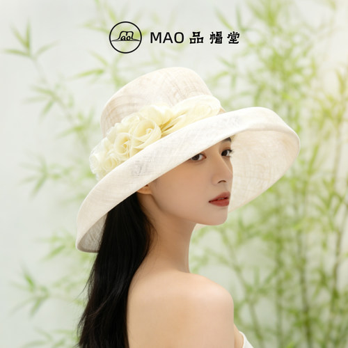 MAO品帽堂玫瑰花朵大檐麻纱礼帽