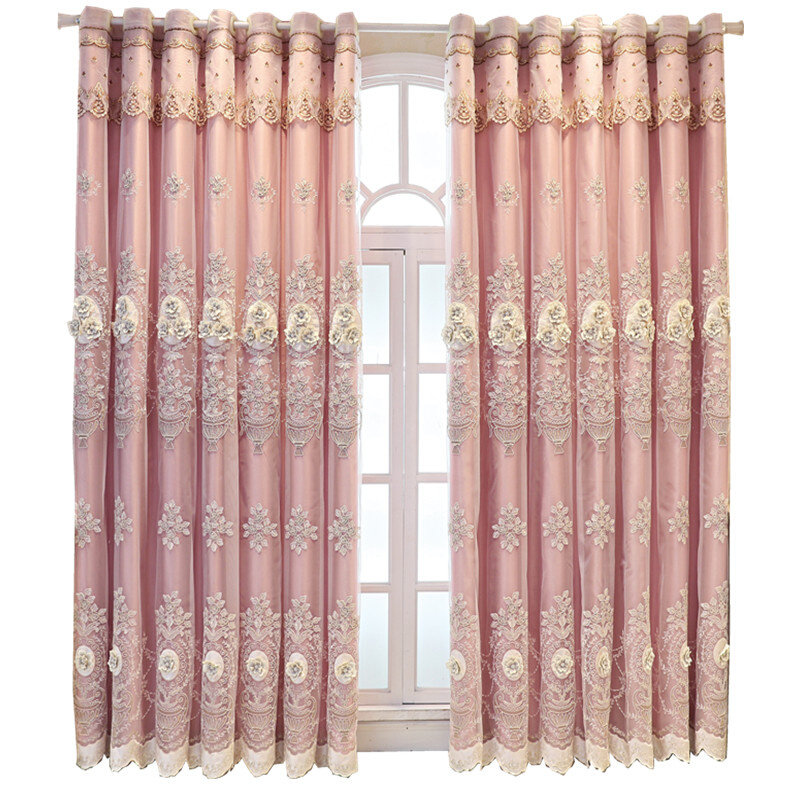 欧式简约双层加厚遮光布纱一体浮雕绣花客厅卧室奢华大气窗帘定制