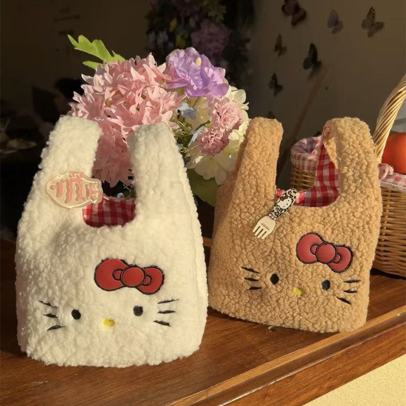 可爱秋冬Kitty猫咪手提包羊羔毛手腕包格子包卡通上班通勤小拎包