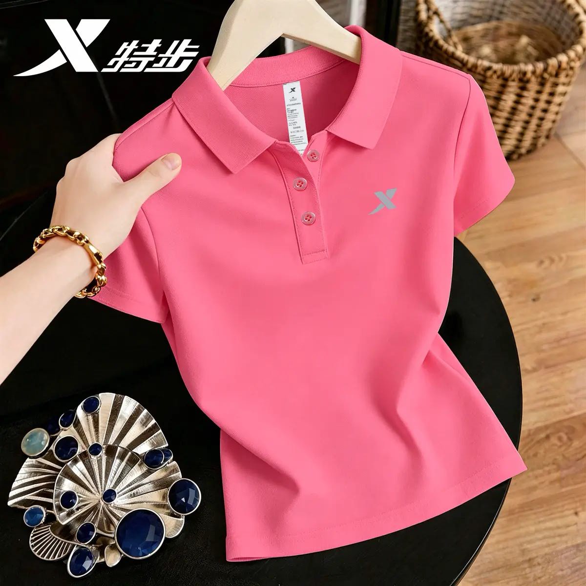 特步polo衫短袖女正品翻领T恤夏季透气半袖运动服休闲上衣女款t恤