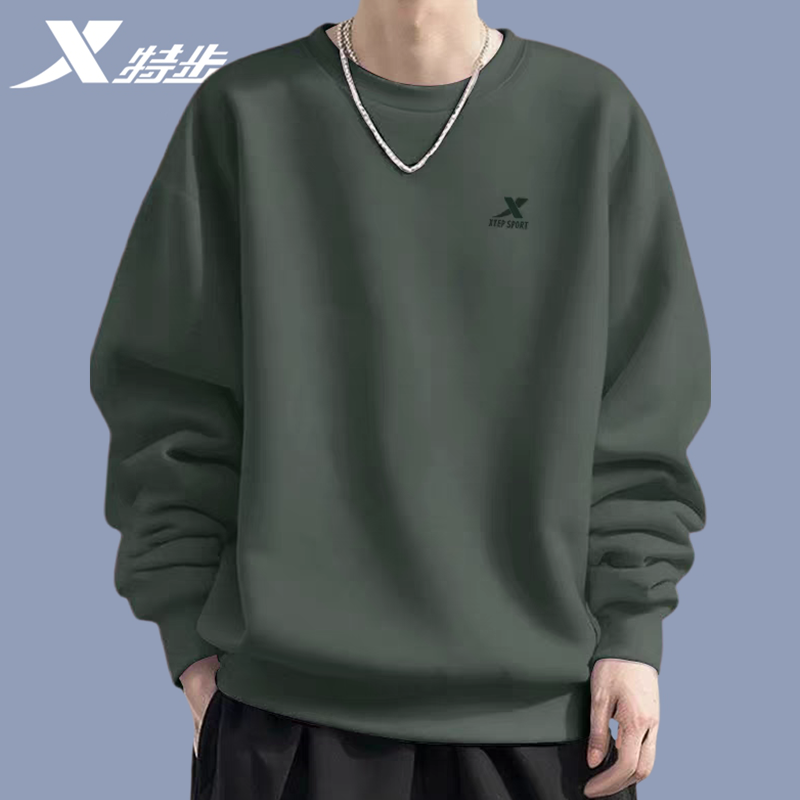 特步运动卫衣男士2025新款秋装绿色休闲圆领长袖T恤宽松跑步上衣