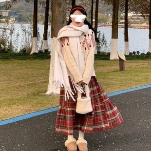 红色格子长裙秋冬半裙2025新款高腰a字裙格纹可爱裙子深秋穿搭潮