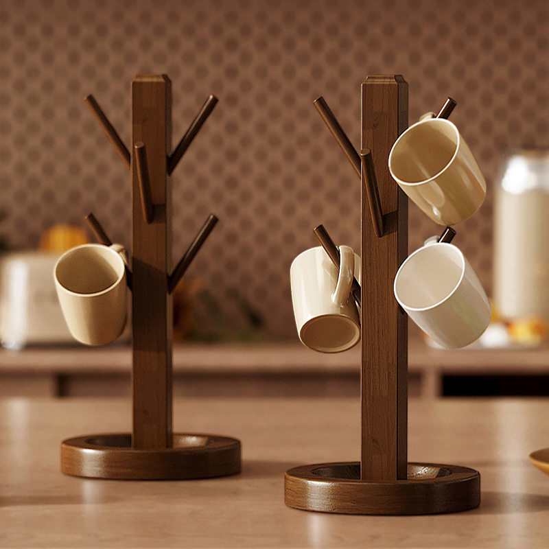 实木杯子收纳置物架桌面倒挂沥水茶杯架咖啡杯收纳架钥匙收纳摆件