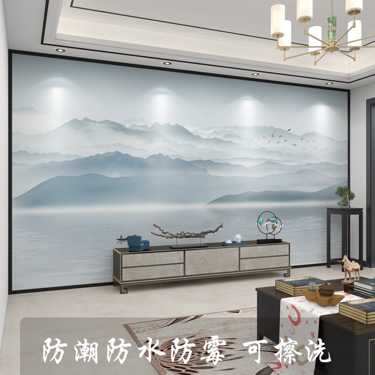 新中式3d立体蓝色水墨山水画电视背景墙壁纸客厅壁布装饰墙布壁画图片