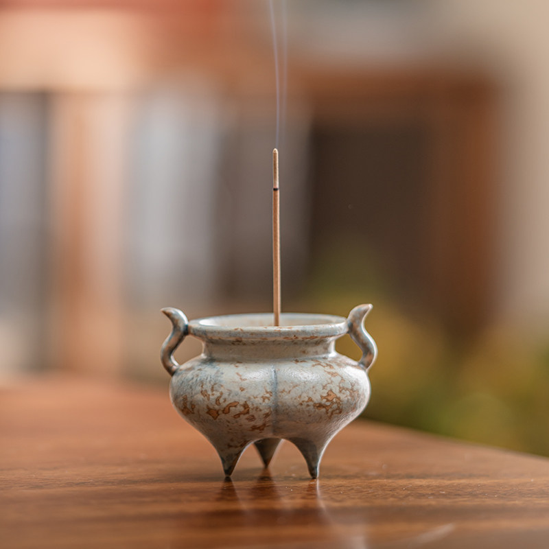原矿陶泥洒金双耳三足香炉线香底座茶道香炉茶桌茶艺摆件小号