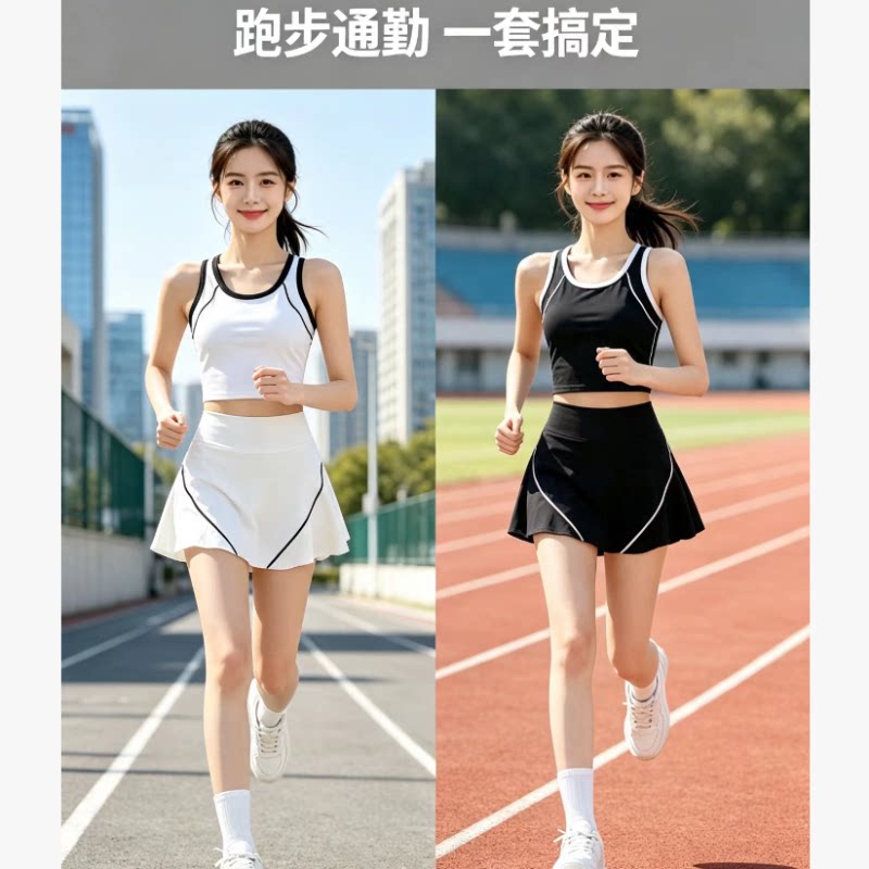 夏季运动背心防走光带口袋健身短裙套装跑步运动瑜伽训练速干舒适