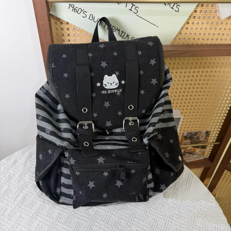 新款小猫双肩包黑灰条纹背包可爱星星书包少女大容量背包