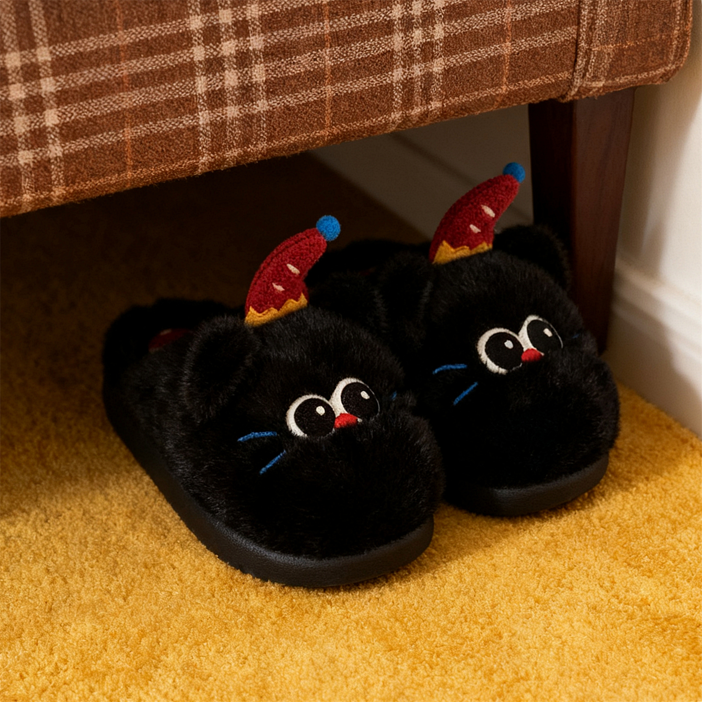 软萌可爱ins生日小黑猫棉拖鞋女