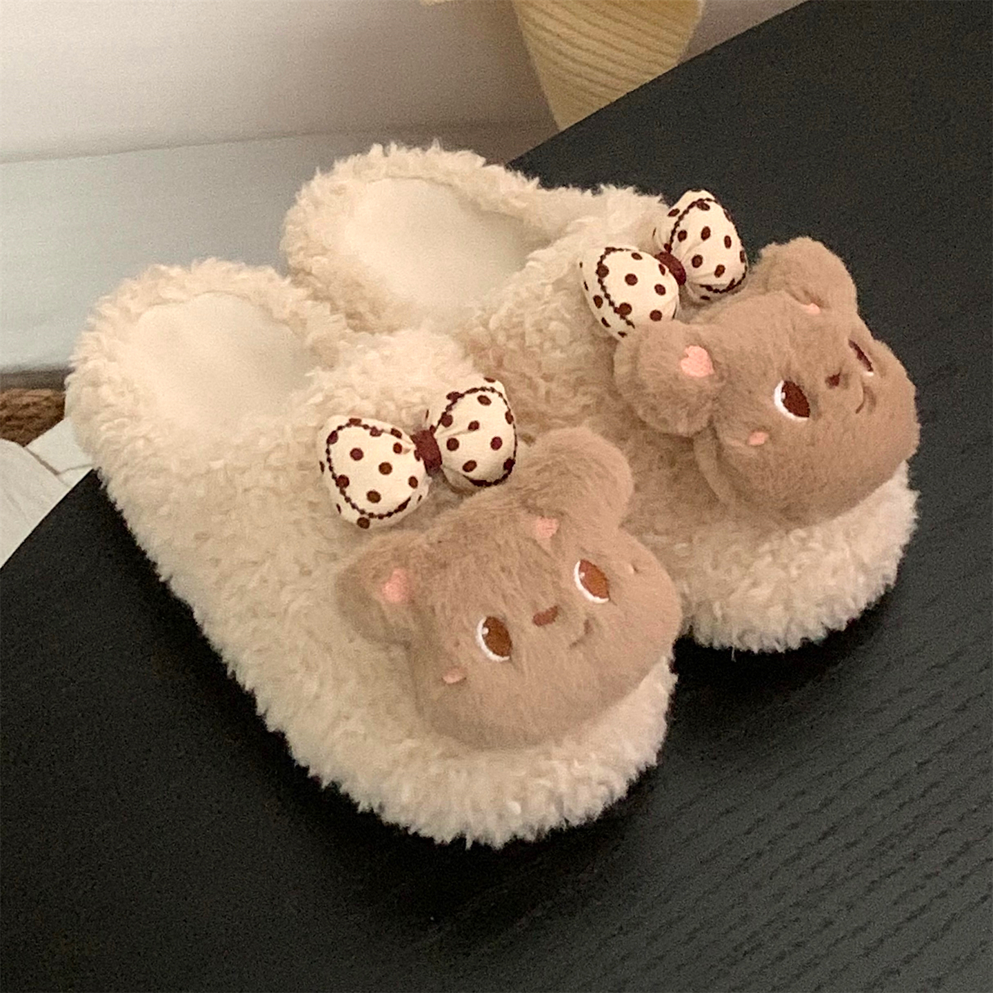 韩系蝴蝶结小熊棉拖鞋女保暖可爱