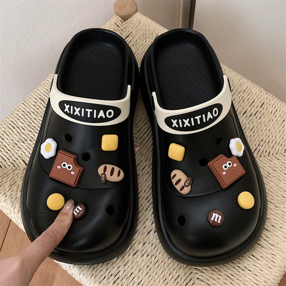 韩版户外防滑街头风时尚百搭厚底洞洞鞋女可爱零食饼干包头凉拖夏