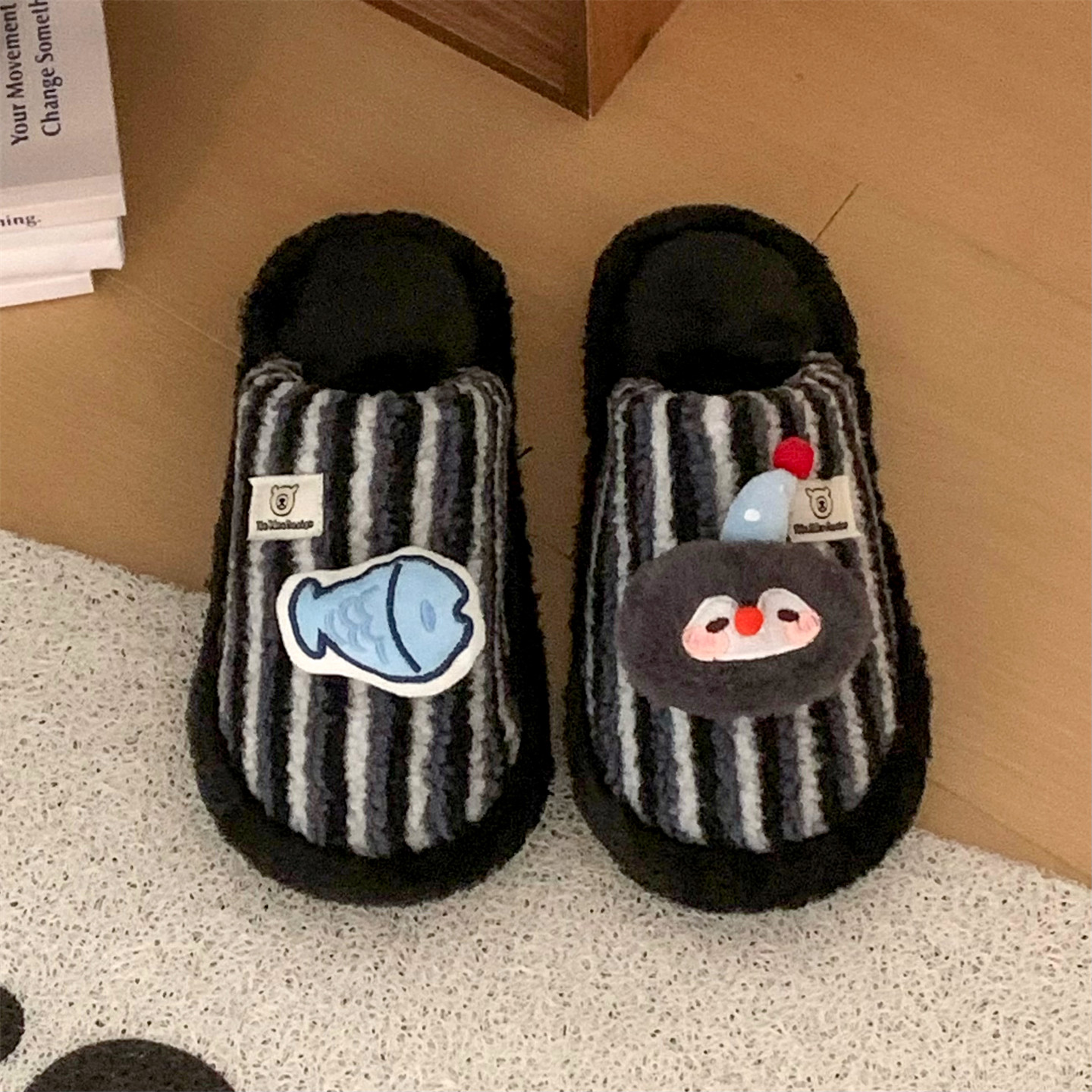 情侣休闲居家防滑撞色条纹包头毛毛鞋秋冬可爱企鹅小鱼棉拖鞋男女,居家布艺,居家棉拖/棉鞋,淘宝优惠券,粉丝福利购,淘宝优惠卷