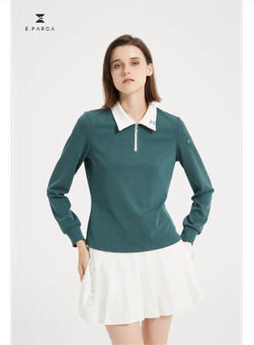 E.PARCA2023秋季高尔夫服饰女装撞色墨绿色半开拉链polo衫