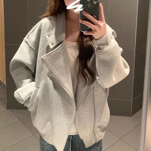 韩系设计感独特超好看外套女秋2025新款美式高级感灰色连帽卫衣潮