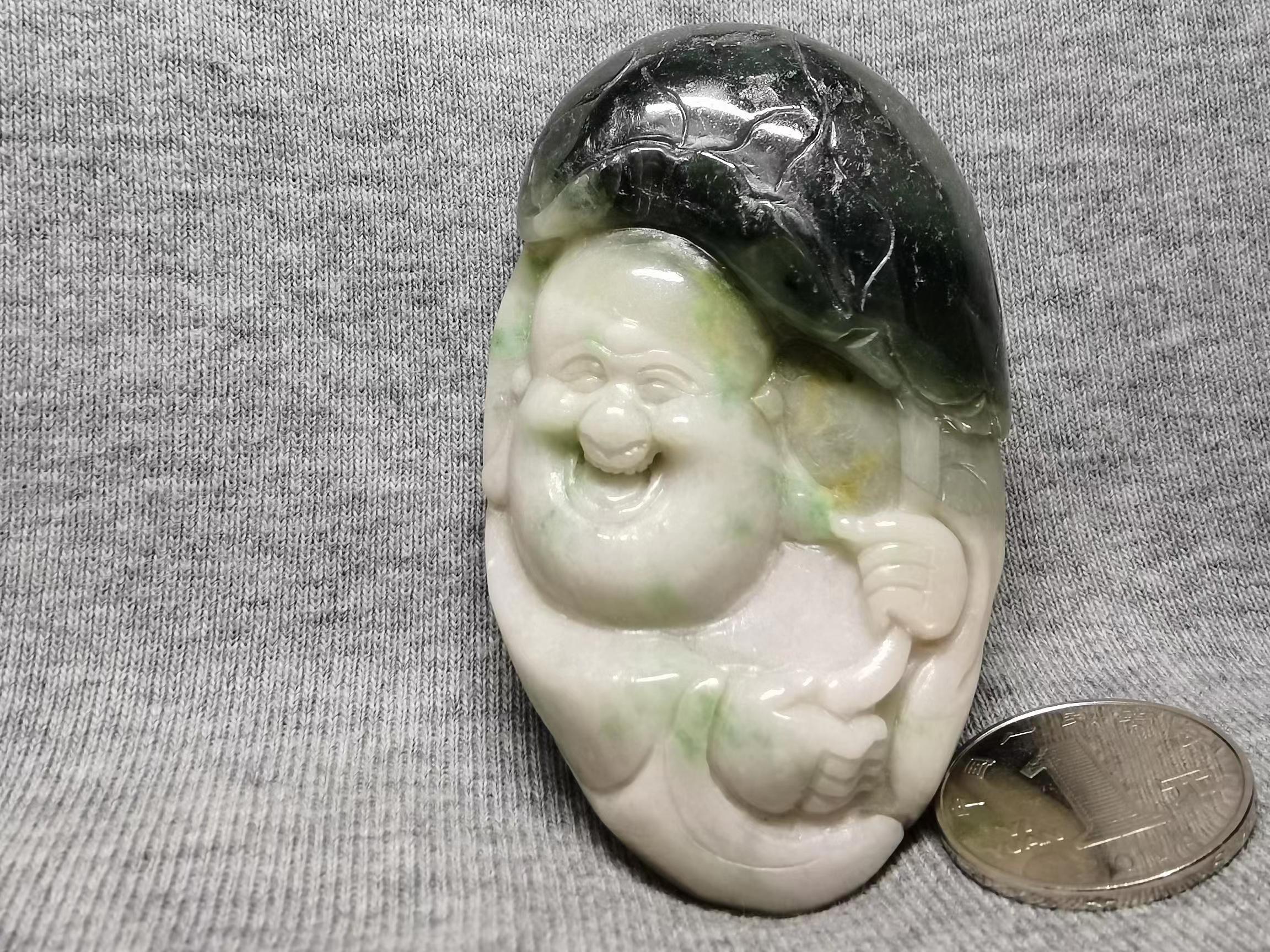 独山玉绿白加粉红加黑色手把件---佛  玉器见红，与众不同