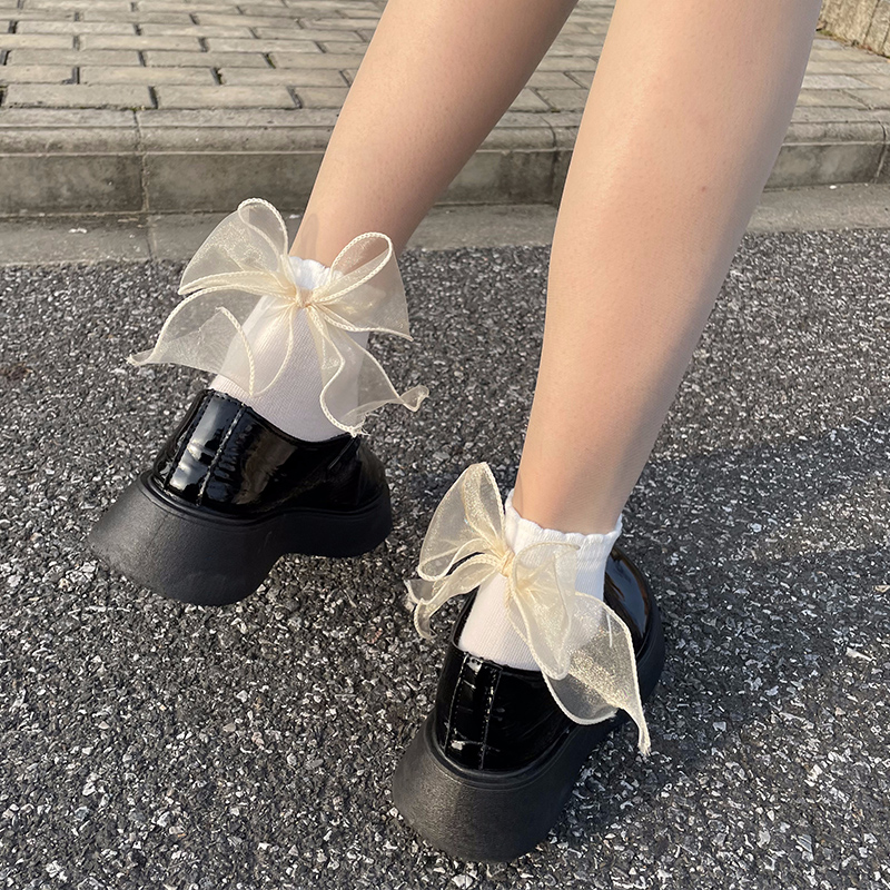 袜子女蝴蝶结后跟蕾丝薄款黑白色秋冬可爱透气短袜女情侣日系简约