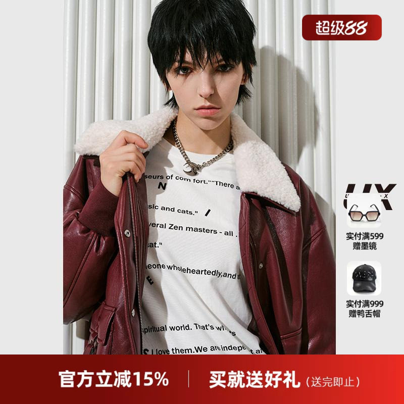 UX 冬季新款 酒红色蛋白皮棉服女 时尚气质外套 通勤百搭