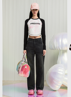 【呼呼专享】UNIDESXUX新款破洞牛仔直筒裤DK312021A590