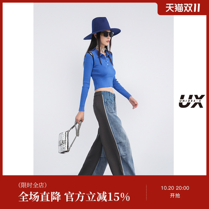 【呼呼严选专享】UX原创设计春季新款蓝色短款长袖针织毛衫辣妹风