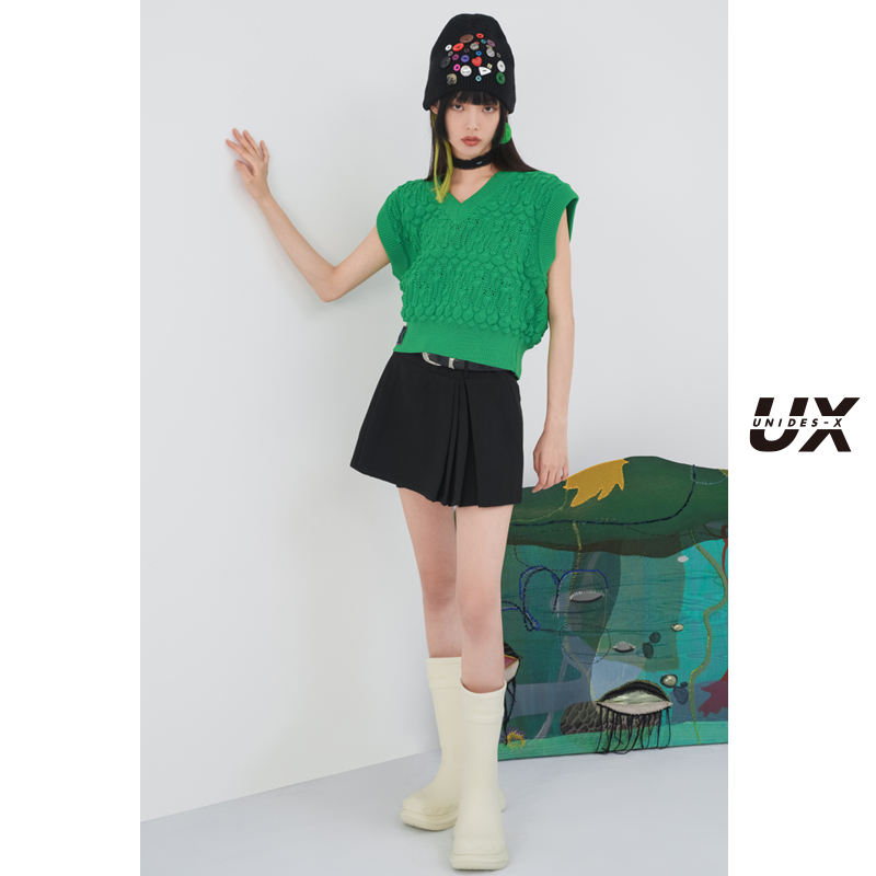 黑色双腰头百褶裙女UX2023秋新款