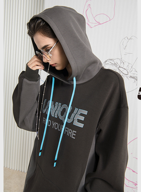 UX 2025春秋新款 灰色拼接连帽长袖卫衣女 宽松时尚百搭上衣