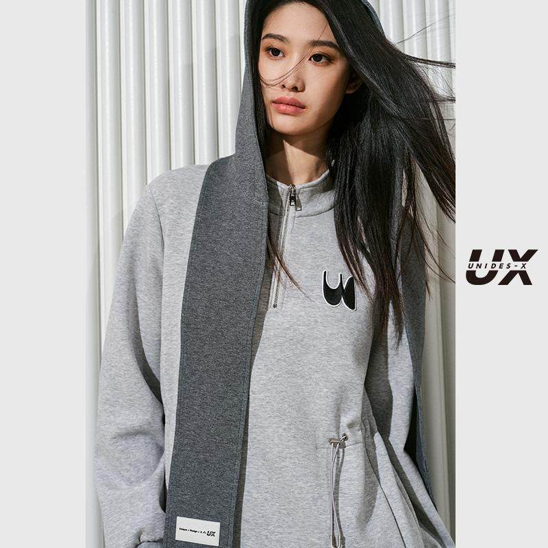 UX 冬季新款 浅灰色披肩立领连衣裙女 时尚通勤百搭长裙