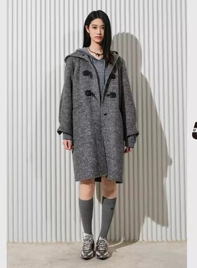 UX 冬季新款 灰色皮扣毛呢大衣女 时尚