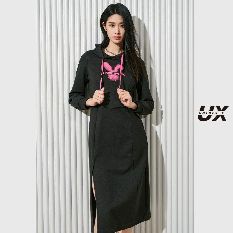 【昕怡粉丝专享】UX 冬季新款 深灰色兔子绣花连衣裙女 时尚气质