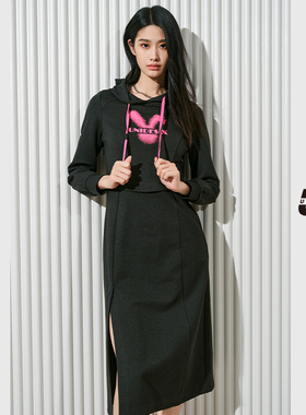 UX 冬季新款 深灰色兔子绣花连衣裙女 时尚气质