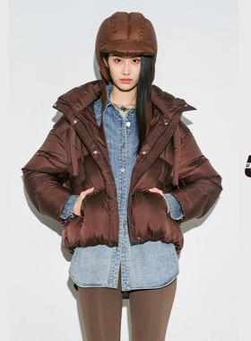 【舒心专属】UX 冬季新款 咖色短款面包鹅绒服女 时尚通勤百