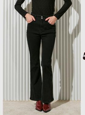 UX 冬季新款 黑色修身立体筋喇叭裤女 时尚气质百搭长裤