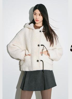 【昕怡粉丝专享】UX 冬季新款 白色连帽短大衣女 时尚百搭短款外