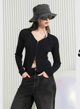 UX 2025春秋新款 圆领毛衫女 黑色时尚修身拉链开衫 通勤百搭上衣
