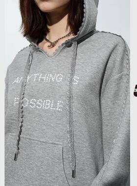 UX 2025春季新款 灰色绣花连帽长袖卫衣女 时尚通勤