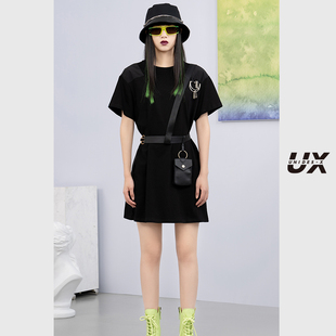 长裙潮ins 黑色T恤连衣裙女UX春秋款 中长款 修身 显瘦休闲时尚