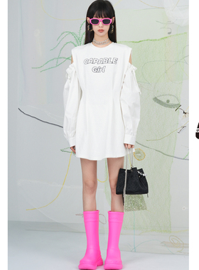 UX新款秋新款白色字母印花拼接连衣裙中长款修身