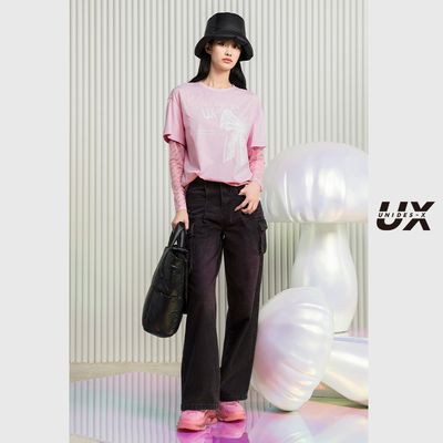 UX粉色拼接假两件T恤春秋新款