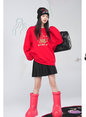 UX 新款生肖印花红色卫衣宽松时尚长袖中国风