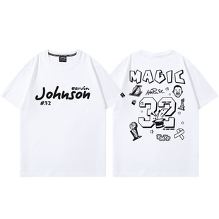 魔术师约翰逊32号涂鸦印花T恤男美式休闲投篮训练短袖宽松纯棉夏