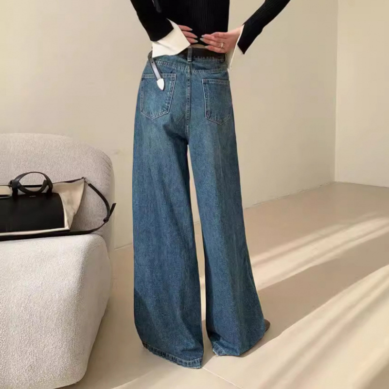 酒窝定制蓝色复古牛仔裤女秋冬2025新款高腰显瘦阔腿裤微喇马蹄裤
