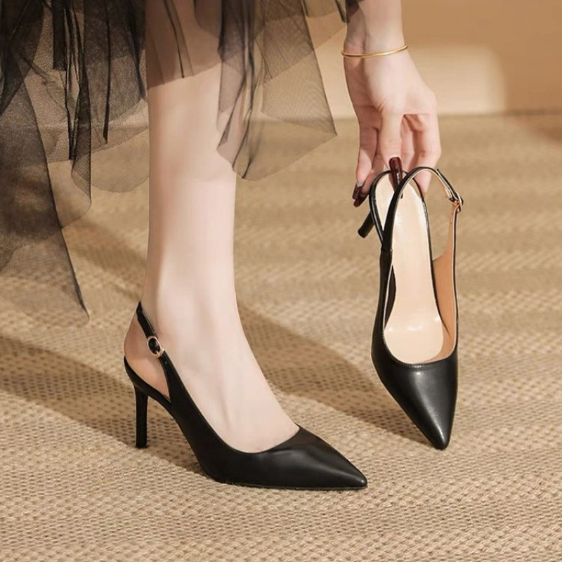 2025春夏新款包头高跟鞋女细跟一字带网红浅口米白色浅口后空单鞋