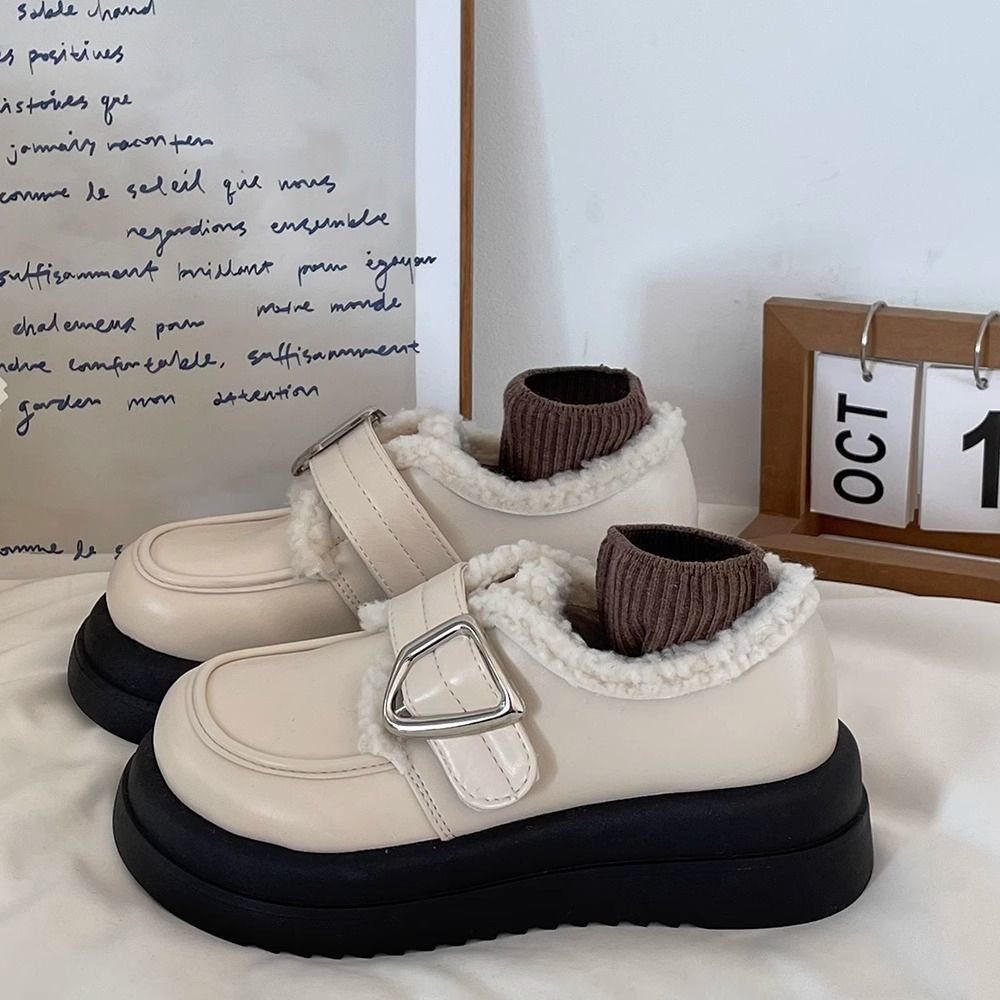 百搭厚底松糕加绒小皮鞋女2024秋冬新款白色乐福鞋复古英伦风棉鞋