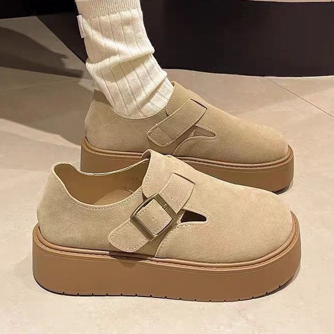 全包勃肯鞋女单鞋加绒2025年秋冬新款复古厚底小个子一脚蹬乐福鞋