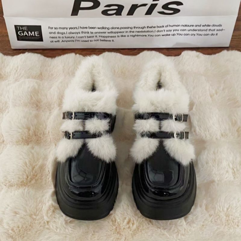 加绒厚底小皮鞋女2025新款秋秋季保暖毛毛棉鞋英伦高跟玛丽珍鞋子