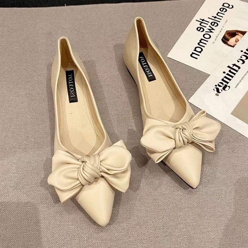 新款尖头浅口单鞋法式气质蝴蝶结软皮软底一脚蹬平底鞋温柔晚晚风