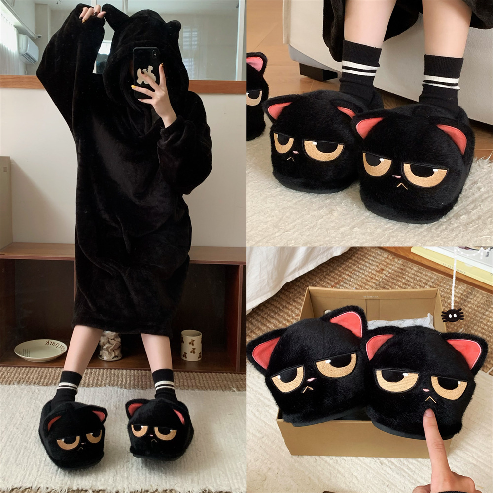 可爱包跟黑猫冬季男女棉拖鞋室内防滑家居情侣保暖卡通韩系毛绒鞋