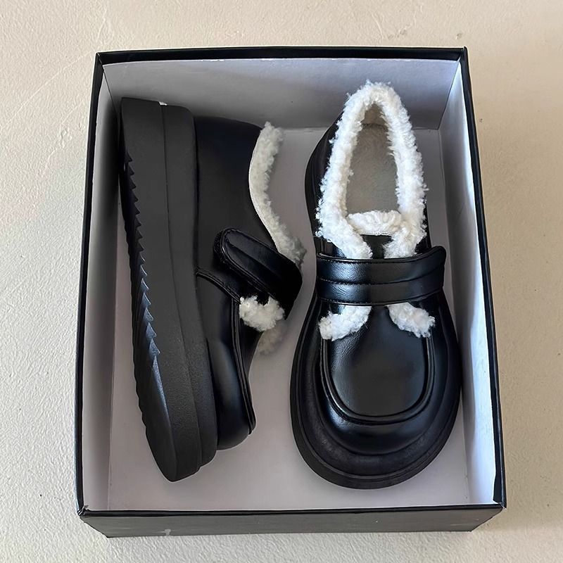 大头英伦风小皮鞋女加绒厚底女鞋2025新款秋冬季玛丽珍棉鞋乐福鞋