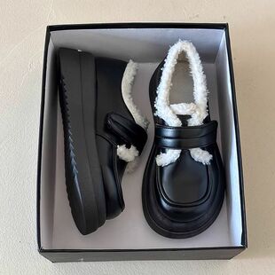 大头英伦风小皮鞋女加绒厚底女鞋2025新款秋冬季玛丽珍棉鞋乐福鞋